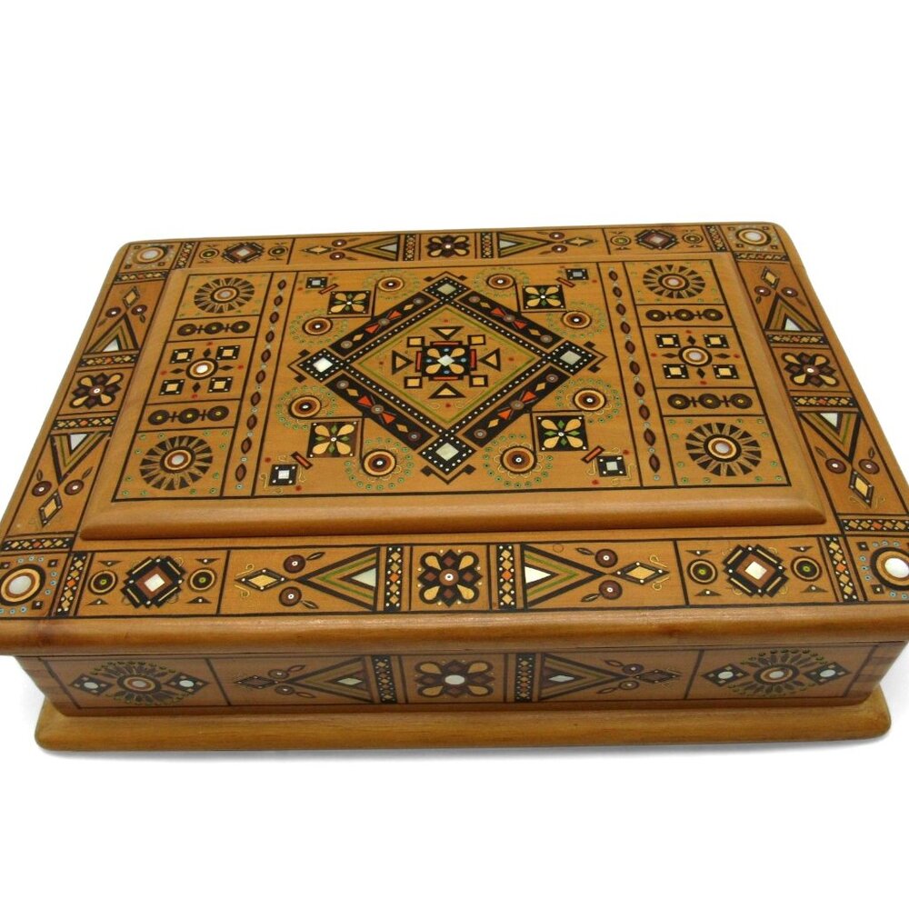 Rare Ukrainian Wooden Inlaid Carved Jewelry Box with Geometric VINTAGE 12 Inches